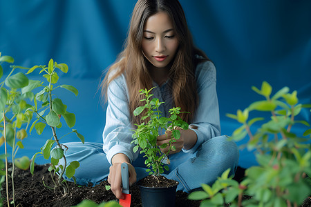 女人摆弄盆栽背景图片