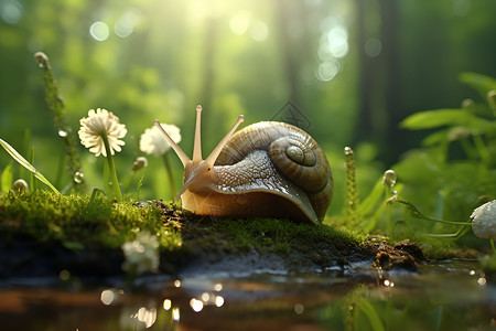 阳光下一只蜗牛背景图片
