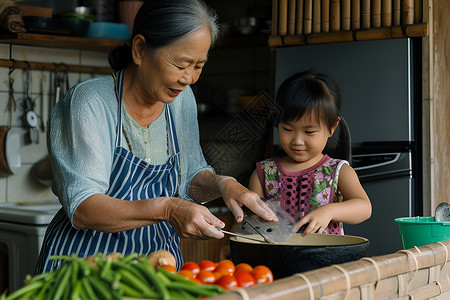 年迈妇人妇人与孙女一起准备食物背景