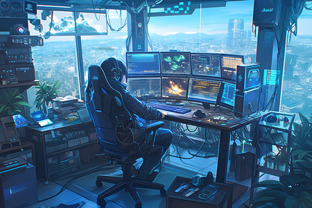 电脑室中玩游戏的人背景图片