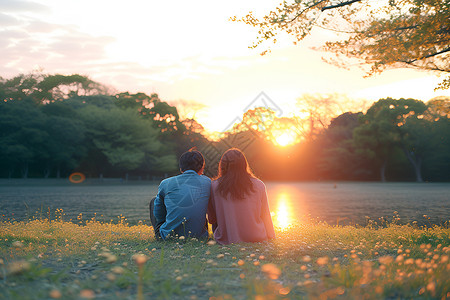 站立情侣两人夕阳照耀下的浪漫时光背景