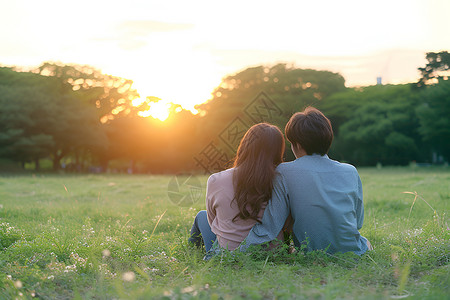 夕阳下情侣依偎夕阳下的依偎背景