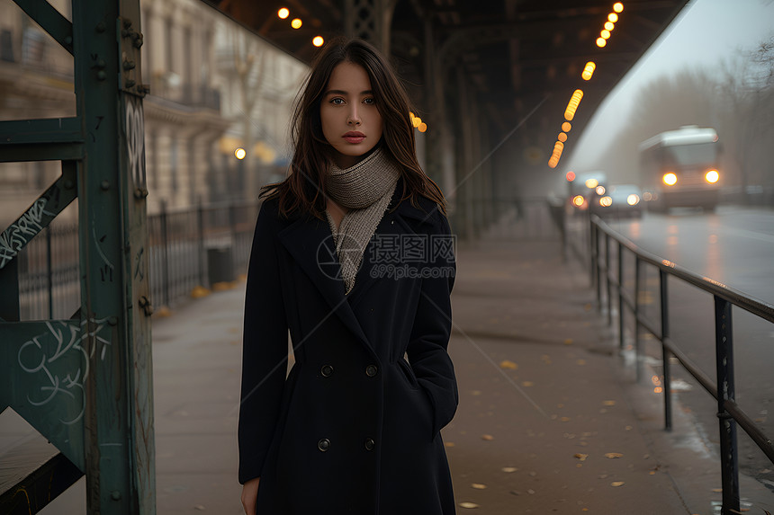 黑色外套的女子站在人行道上图片
