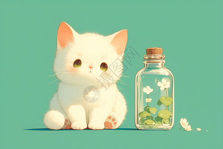 小白猫与瓶子的极简艺术背景图片
