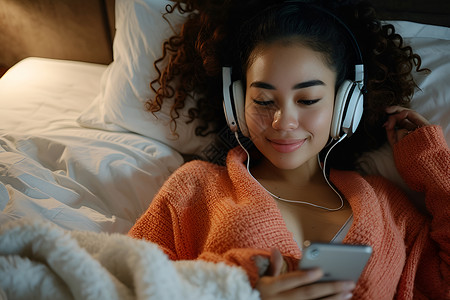 女性躺在床上使用手机和耳机背景图片