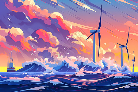 海浪冲击风力发电场中涡轮机插画