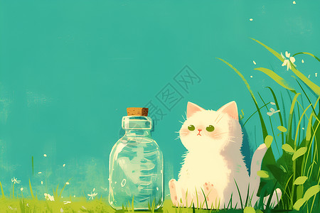 白猫与植物白猫与瓶子插画