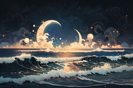 海浪与美少女夜幕下的海浪与海岸插画