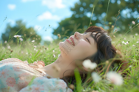 女孩躺在绿草坪背景图片