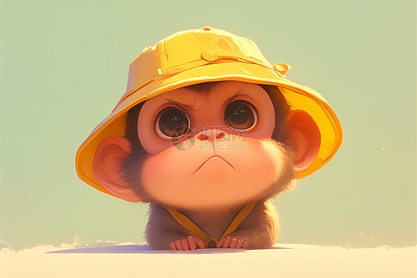 小猴子披着黄色花帽图片
