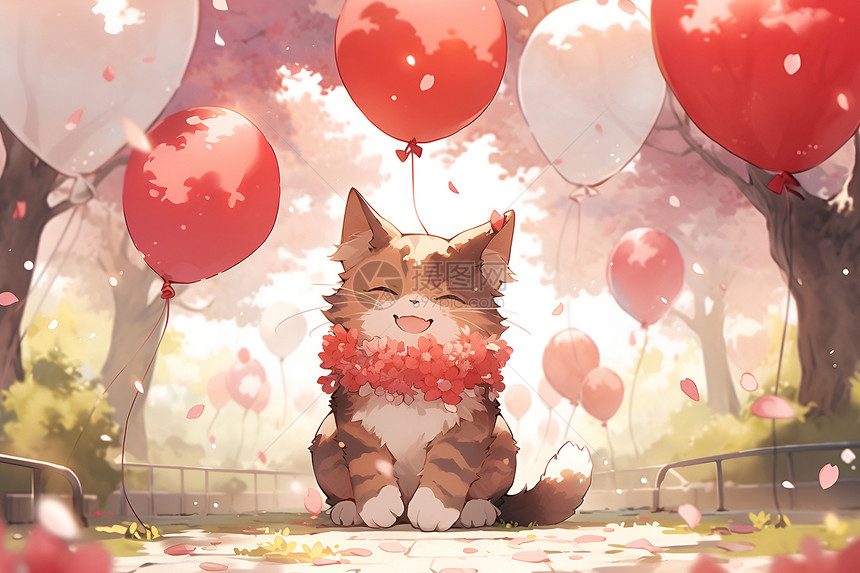 猫咪与红气球的欢乐时刻图片