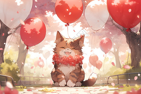 胖墩猫咪气球猫咪与红气球的欢乐时刻插画