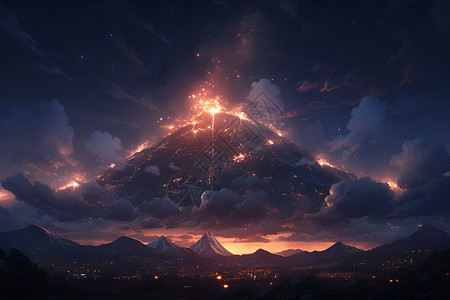 星空中的火山背景图片