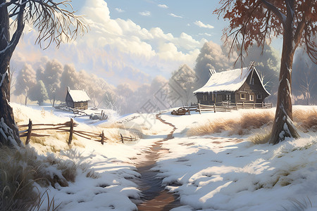 冬日童话雪域小屋背景图片