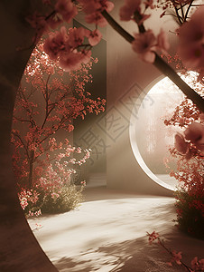 梅花树和圆窗背景图片