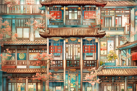 中国建筑精美中式建筑的绘画插画