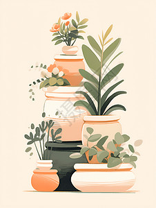 陶土陶罐里的植物插画
