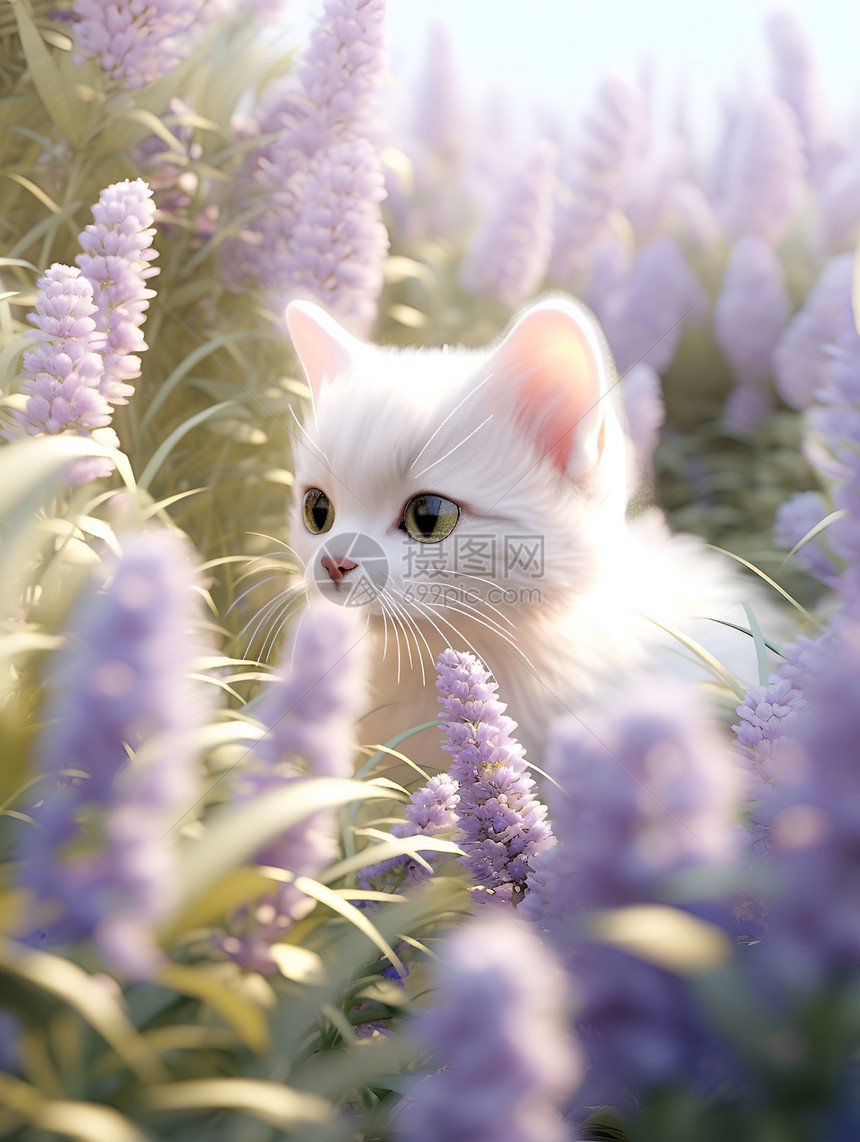 白猫在花草丛中图片