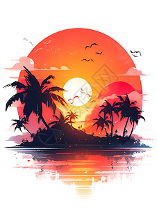 夕阳中的棕榈树插画背景图片
