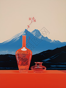 中国山水瓶花与山背景图片