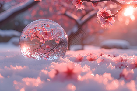 水晶球中鹿梦幻中的樱花雪球设计图片