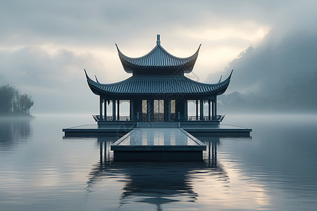 中国式亭阁在雾中背景图片