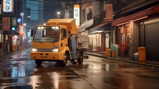 城市街拍夜幕下黄色卡车插画