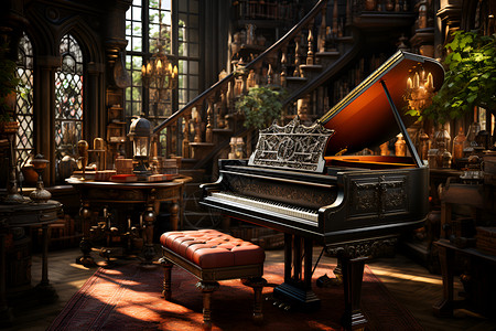 钢琴复古素材光明的书房背景