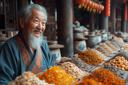 中医铺中的中医者背景图片