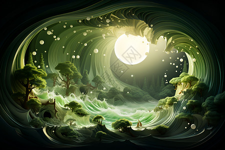 奇幻绿浪间的月光森林背景图片