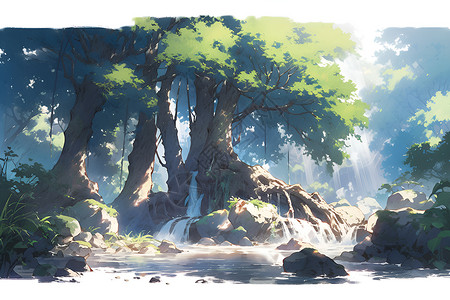 森林的树木瀑布背景图片