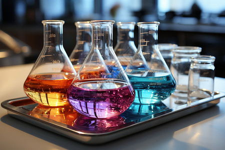 实验液体实验室中各种烧瓶背景