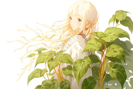 植物中的动漫女孩背景图片
