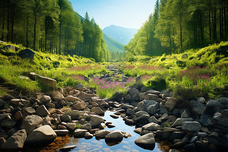 湿润季节森林和溪水背景