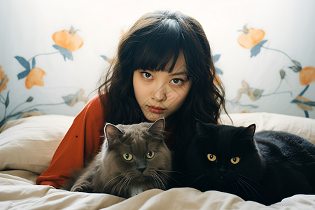 床上的猫咪和女子高清图片
