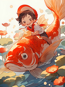 红鲤鱼上的卡通男孩背景图片