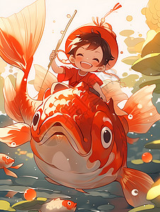 红鲤鱼上的可爱男孩背景图片