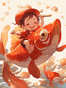 红鲤鱼上的男孩背景图片