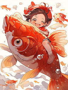 鲤鱼背上女童鱼背上的女孩插画