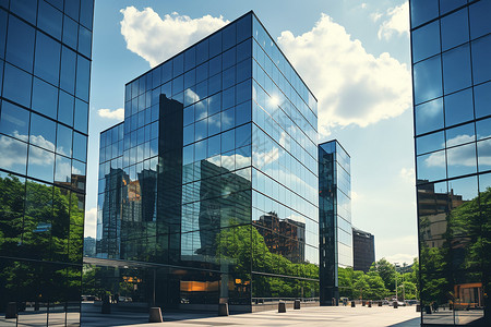 镜中城市中的玻璃建筑背景