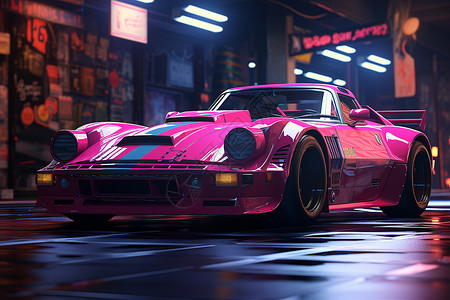 速度汽车城市夜晚的一辆粉色的汽车插画