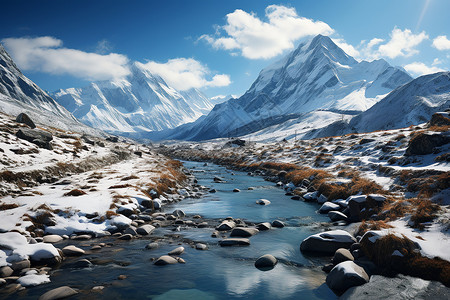 积雪融化雪山融化汇集的河流背景