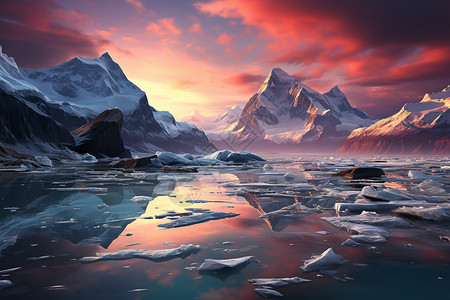 冰山倒影冰山与夕阳背景