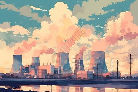 烟雾科技烟雾中的核能发电厂插画