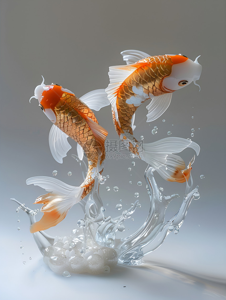 两条活泼的金鱼跳出水面图片