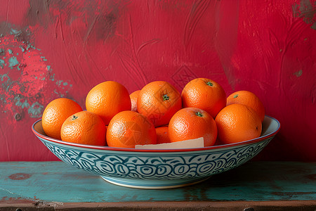 新年的橙子与红墙背景图片