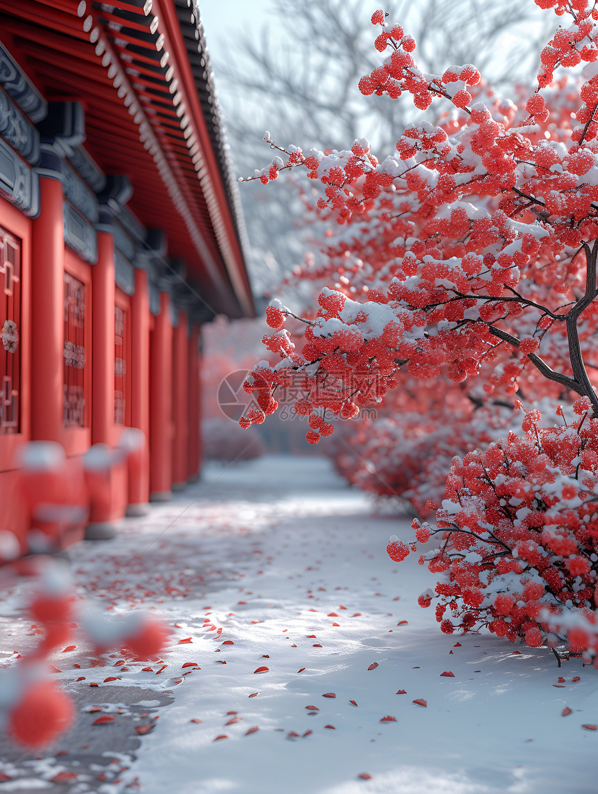 红墙雪景图片