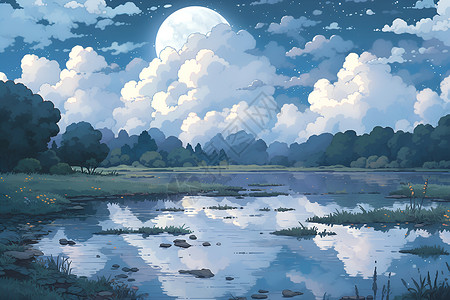 宁静月色洒满河畔背景图片