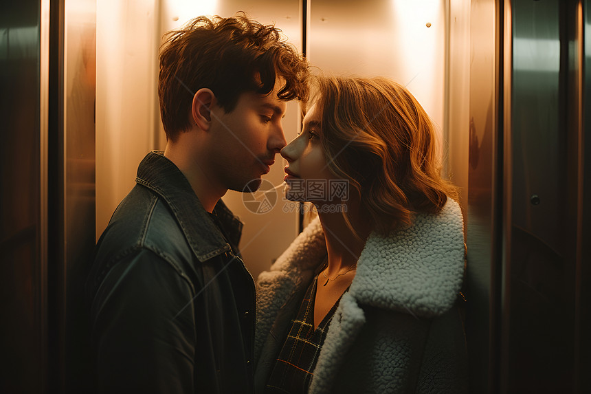 电梯中相视而笑的情侣图片