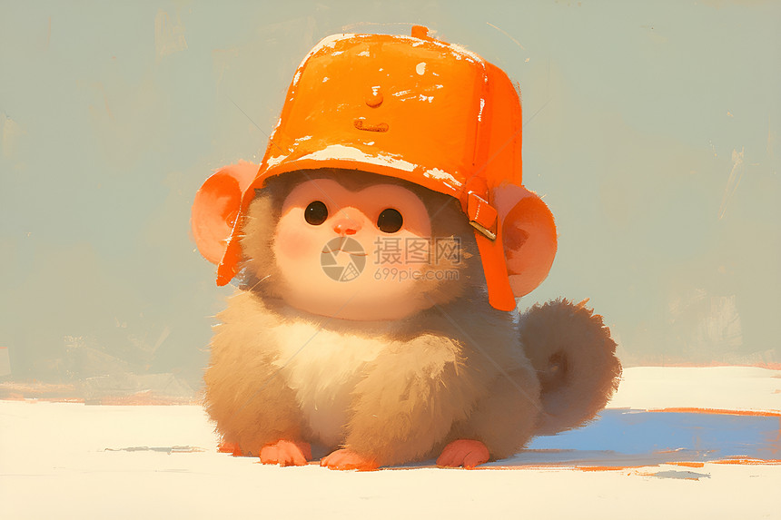 水猴儿戴着橙色帽子图片